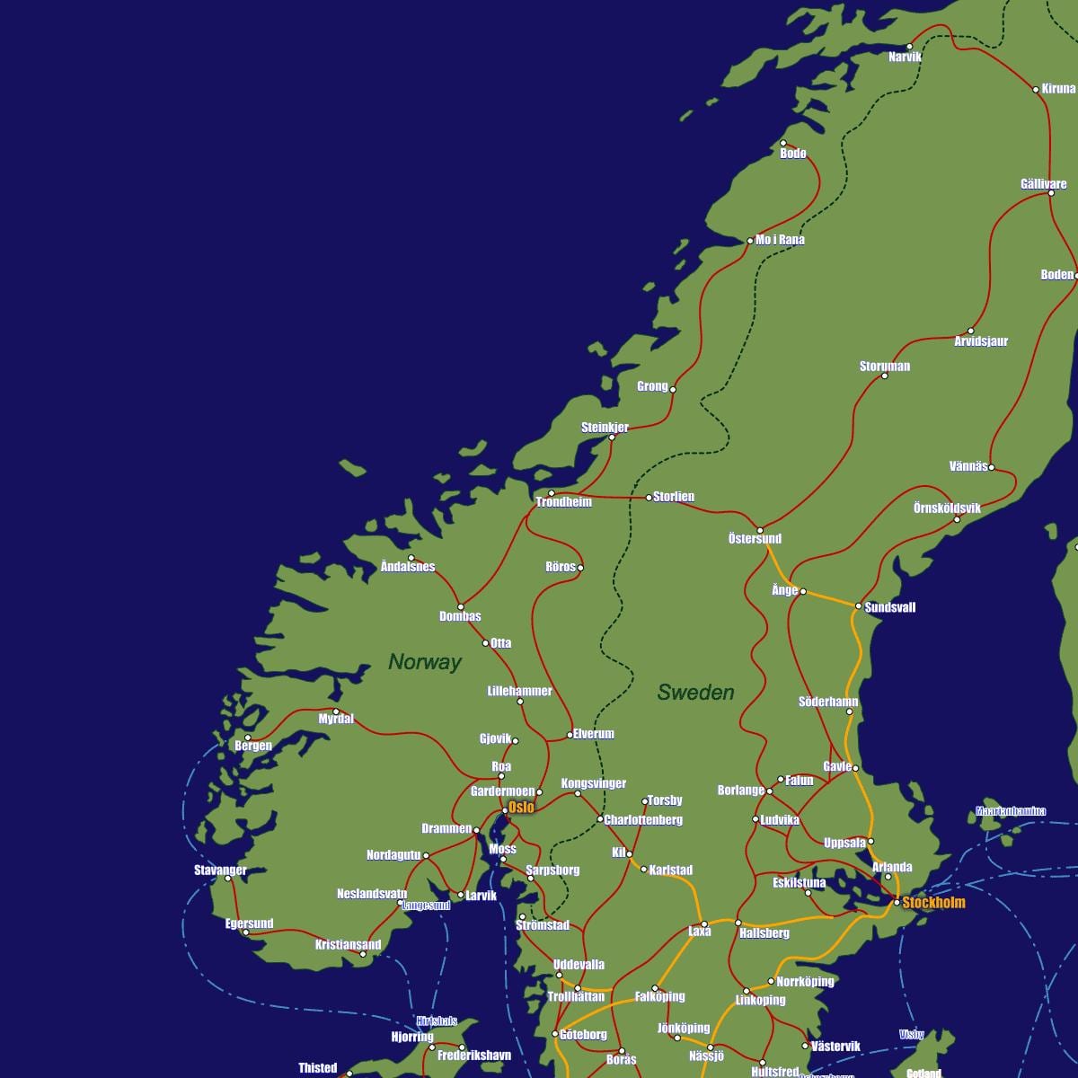 Mapa Nórsko vlakovej cesty
