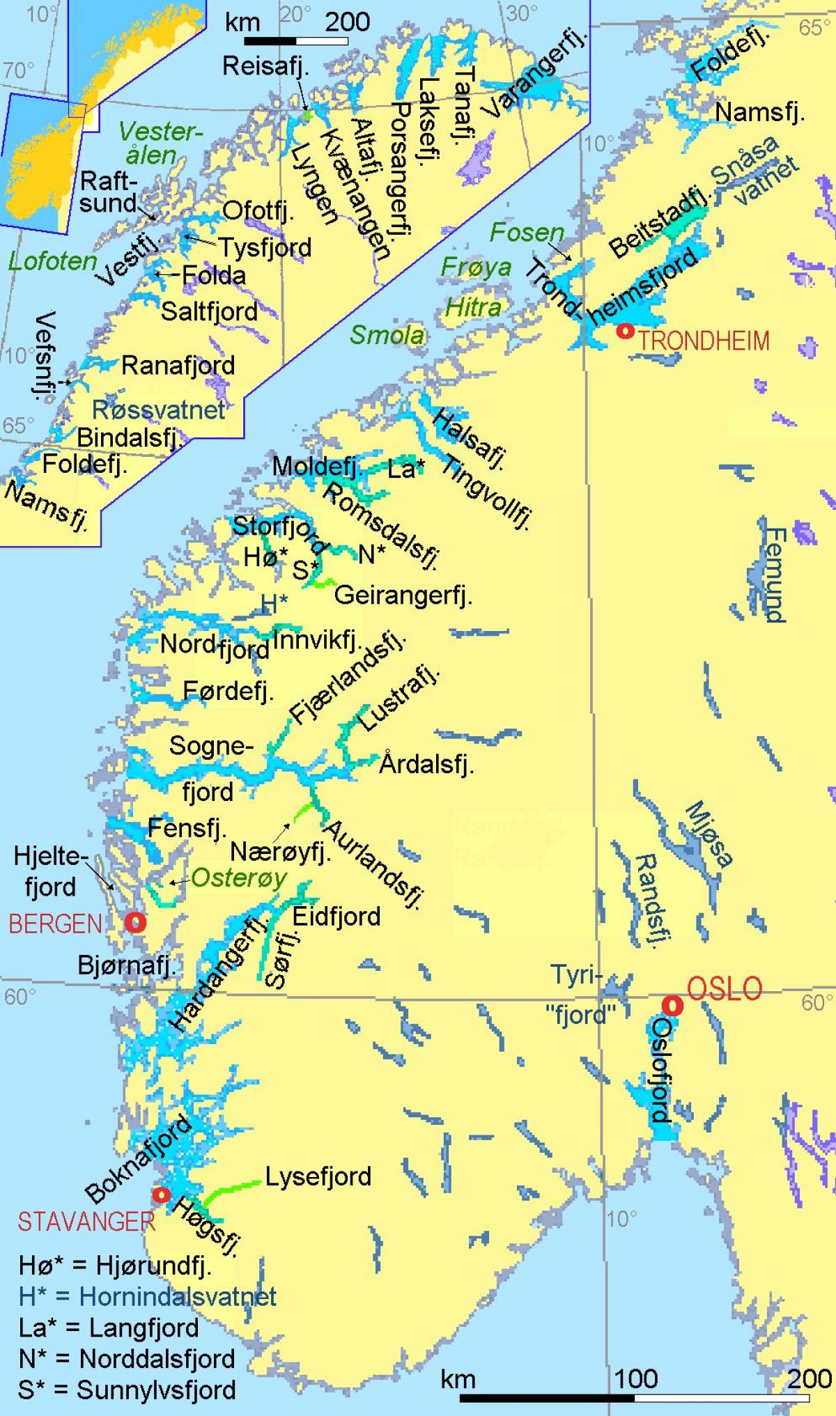 mapa Nórsko ukazuje fjordy